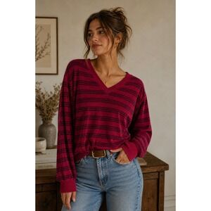 Vintage JCPenney The Fox Velour Striped V-Neck Pullover Red Black Large 80's JCP